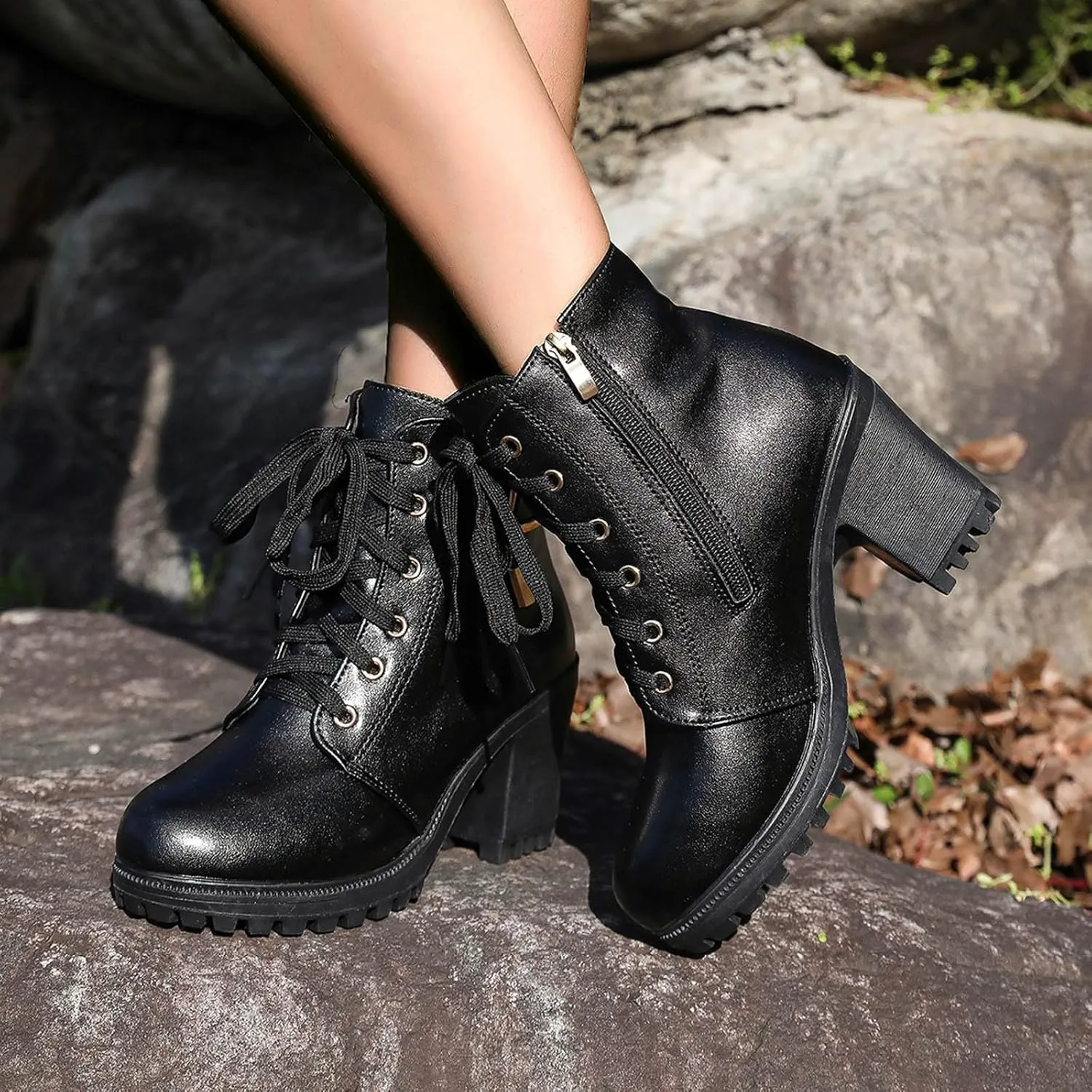 Ankle Boots for Women, Casual Round Toe Lace-up Side Zipper High Chunky Block Heel Short Combat Boots Winter Riding Boots