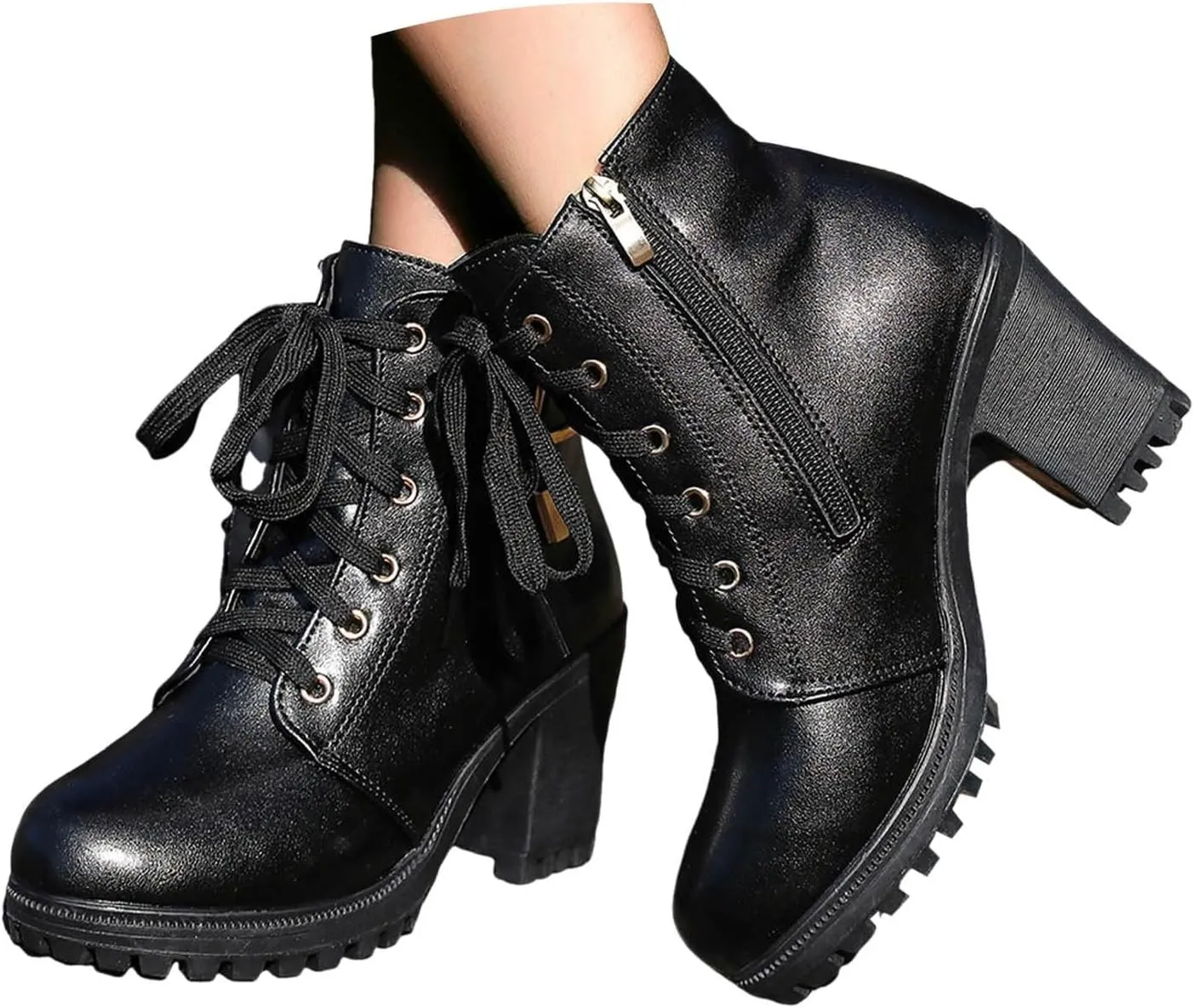 Ankle Boots for Women, Casual Round Toe Lace-up Side Zipper High Chunky Block Heel Short Combat Boots Winter Riding Boots