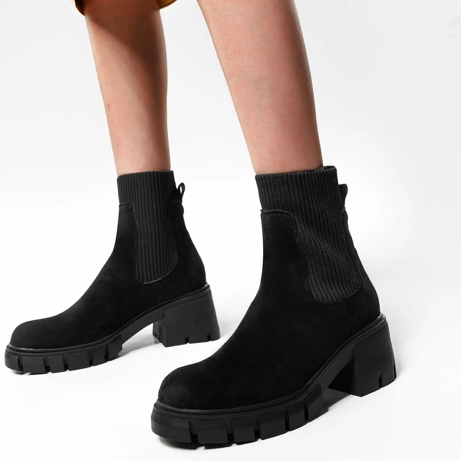 Ankle Boots for Women, Women's Fashion Platform Elastic Chelsea Boots Lug Sole Non-Slip Chunky Block Heel Combat Shoes
