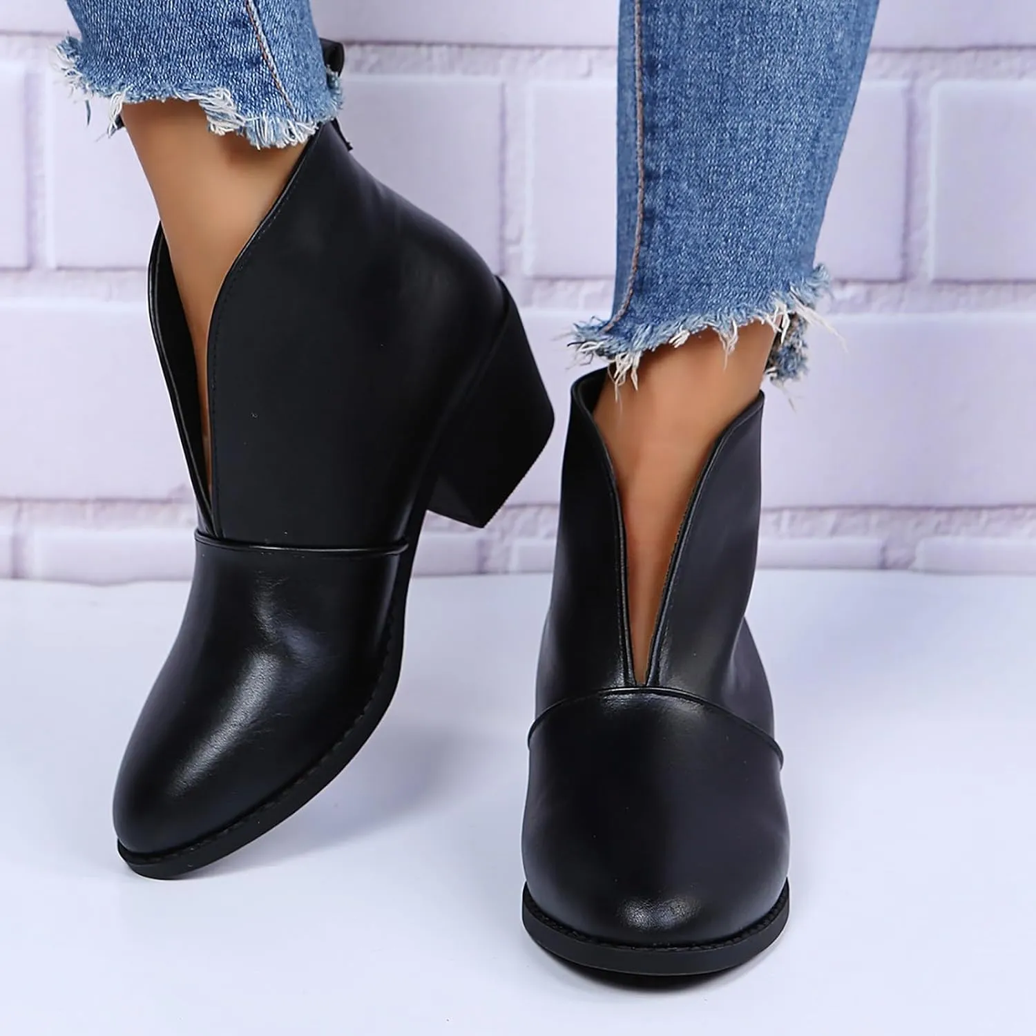 Ankle Boots for Women Womens Western Ankle Boots Pointed Toe V Cut Chelsea Booties Slip On Chunky Low Heel Fashion Booties