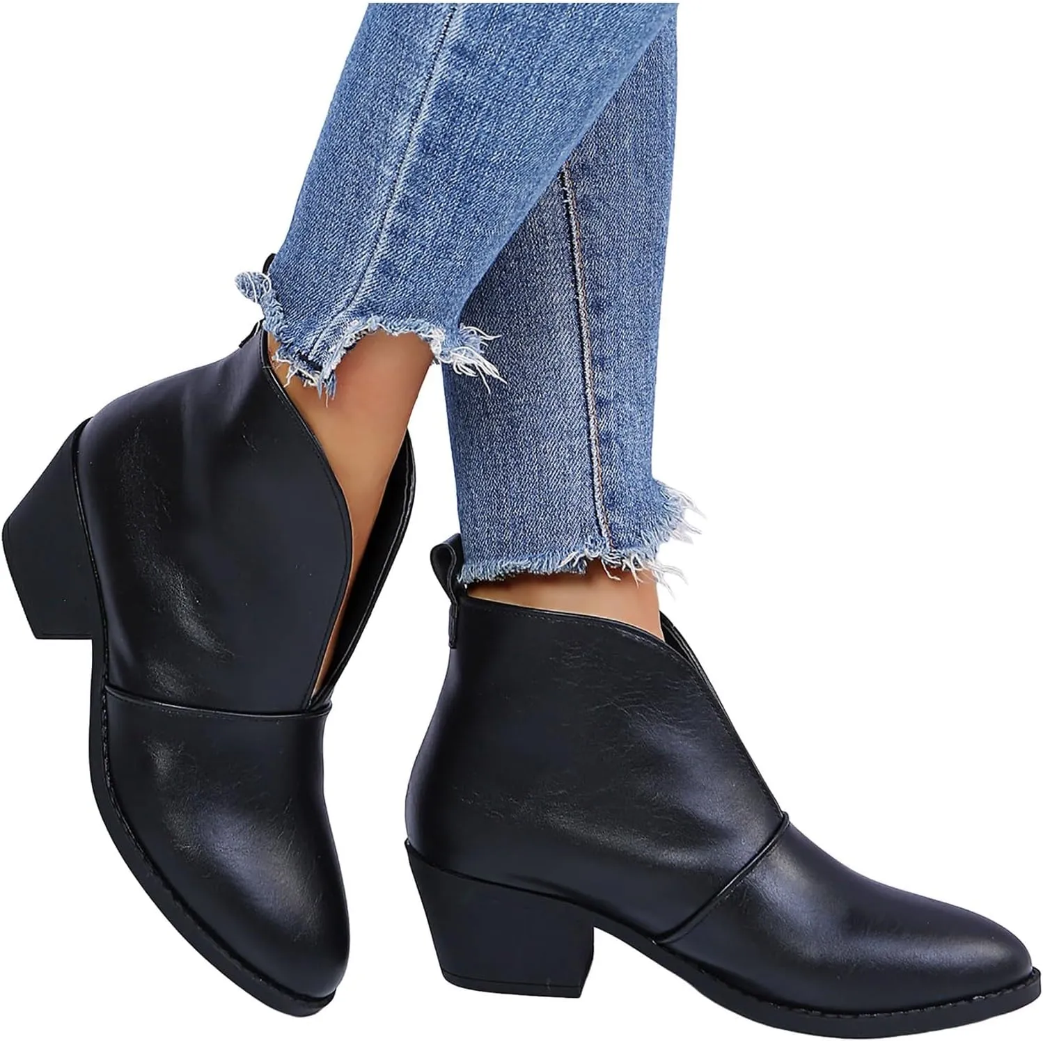 Ankle Boots for Women Womens Western Ankle Boots Pointed Toe V Cut Chelsea Booties Slip On Chunky Low Heel Fashion Booties