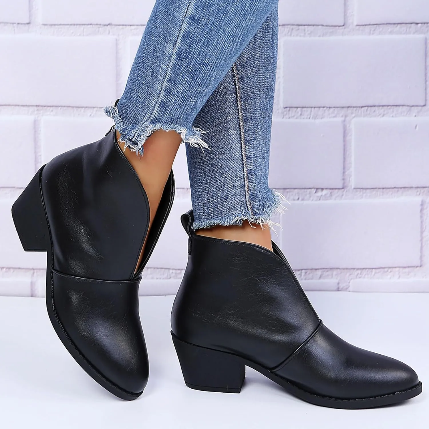 Ankle Boots for Women Womens Western Ankle Boots Pointed Toe V Cut Chelsea Booties Slip On Chunky Low Heel Fashion Booties