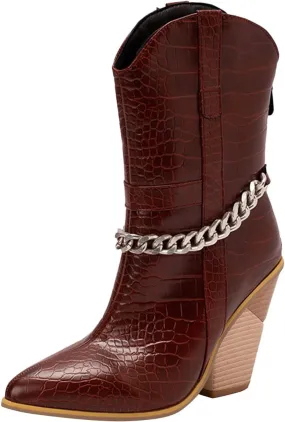 Ankle Cowboy Boots for Women Wide Calf Cowgirl Boots Retro Pointed Toe Chunky Heel Thick Heel Slip on Back Zipper