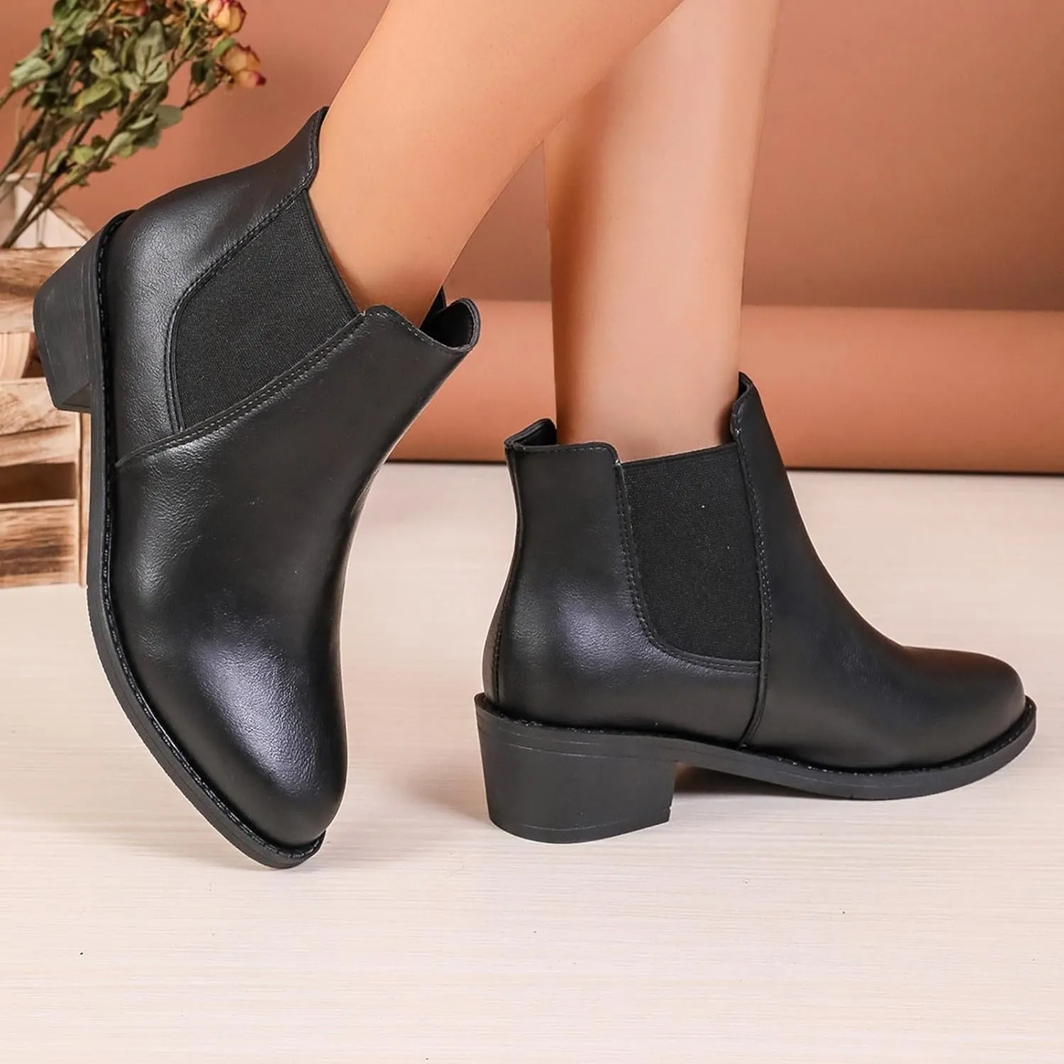 Boots for Women Low Heel Chelsea Fashion Ankle Bootie w/Double Elastic Fall Boots for Women 2024
