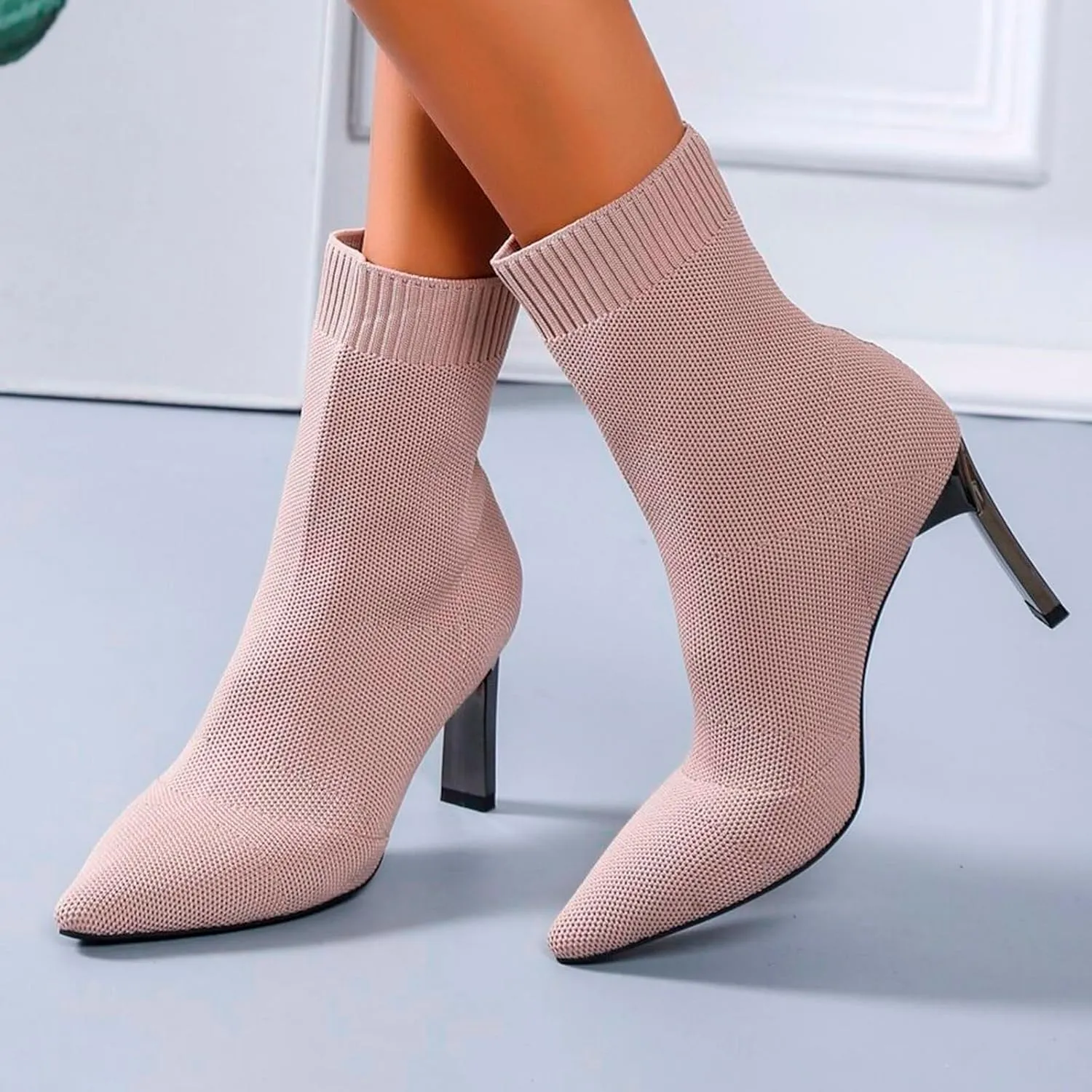 Boots for Women Slip On Pointed Toe Ankle Boots Stiletto Kitten Heel Knit Winter Sock Booties
