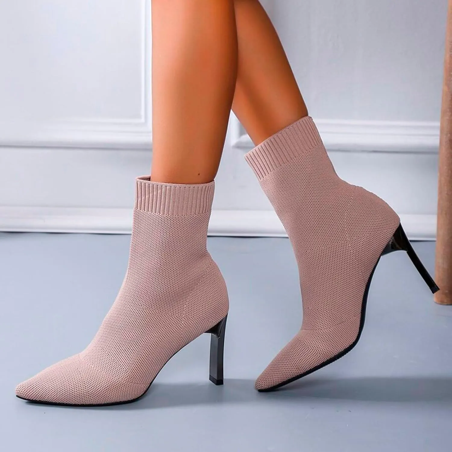 Boots for Women Slip On Pointed Toe Ankle Boots Stiletto Kitten Heel Knit Winter Sock Booties
