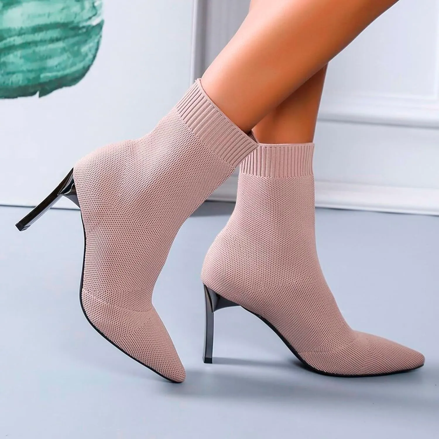 Boots for Women Slip On Pointed Toe Ankle Boots Stiletto Kitten Heel Knit Winter Sock Booties