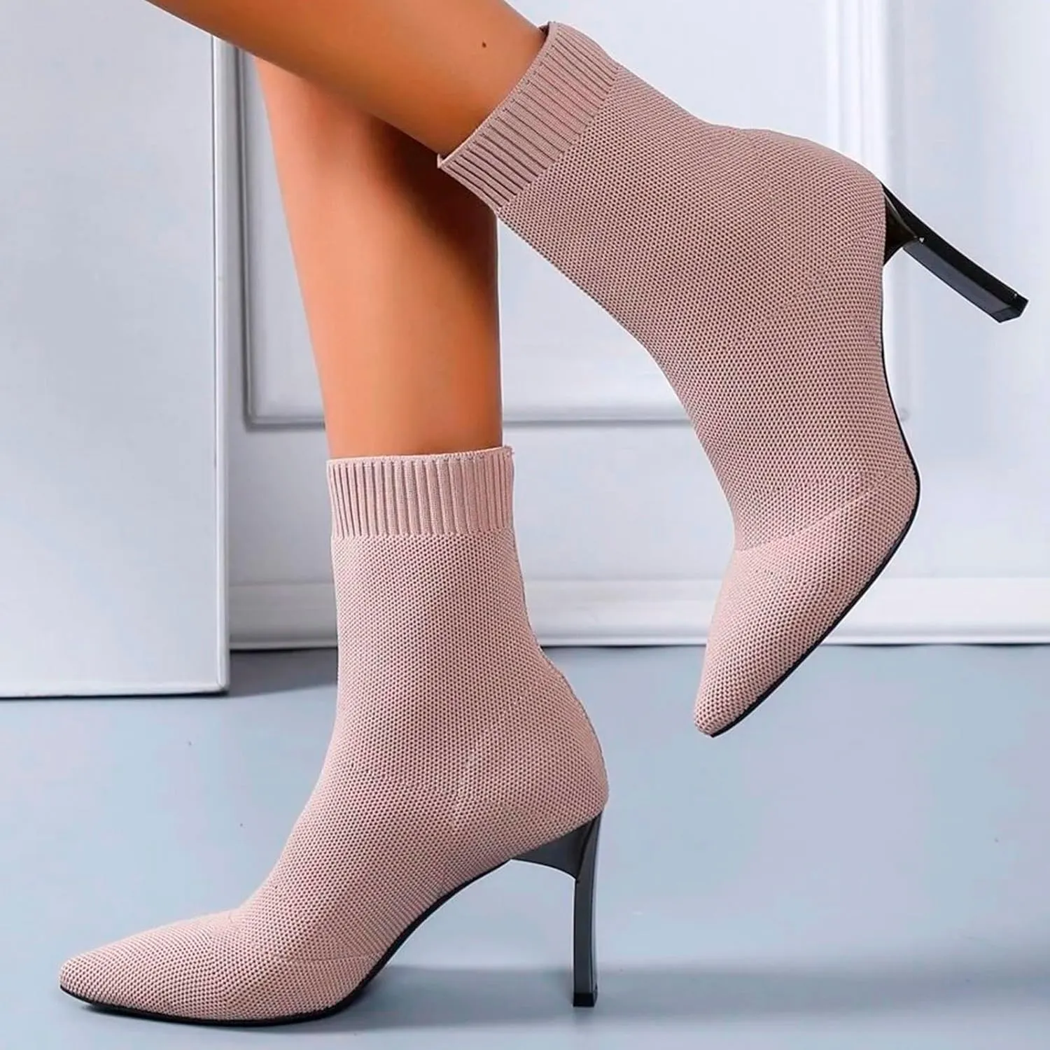 Boots for Women Slip On Pointed Toe Ankle Boots Stiletto Kitten Heel Knit Winter Sock Booties