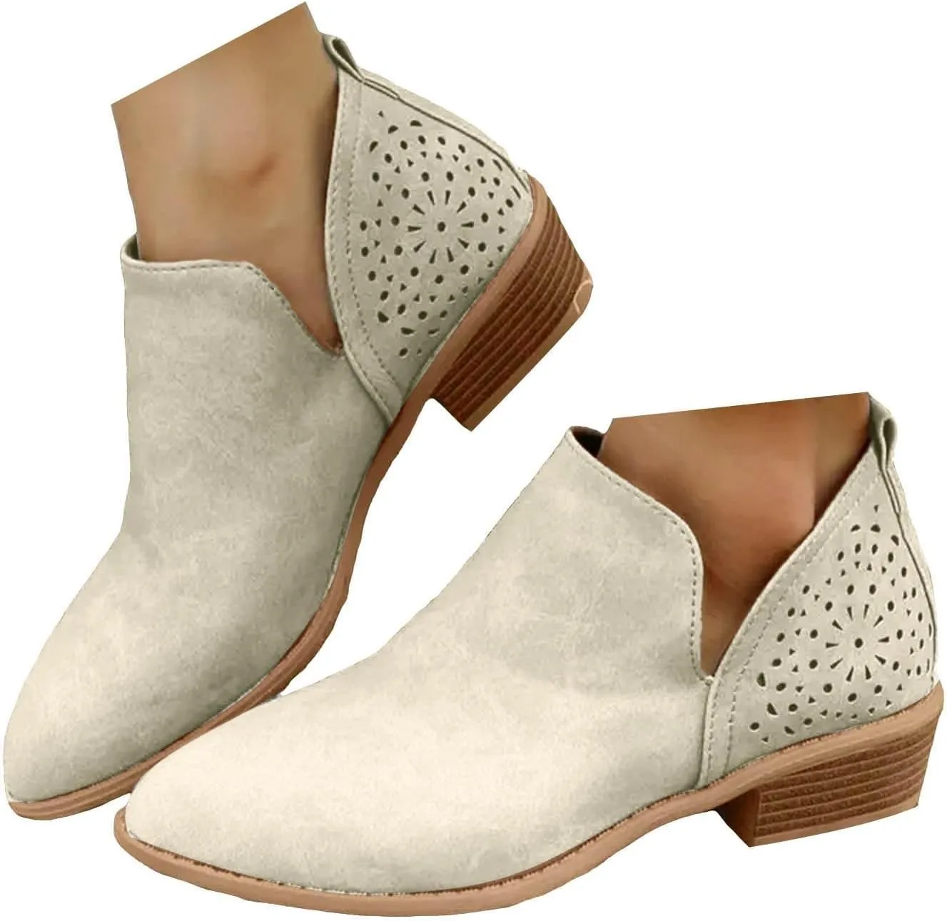 Cathalem Ankle Boots for Wome V Cutout Ankle Boots Pointed Toe Chunky Stacked Heel Booties Western Boots Low Heel Boots