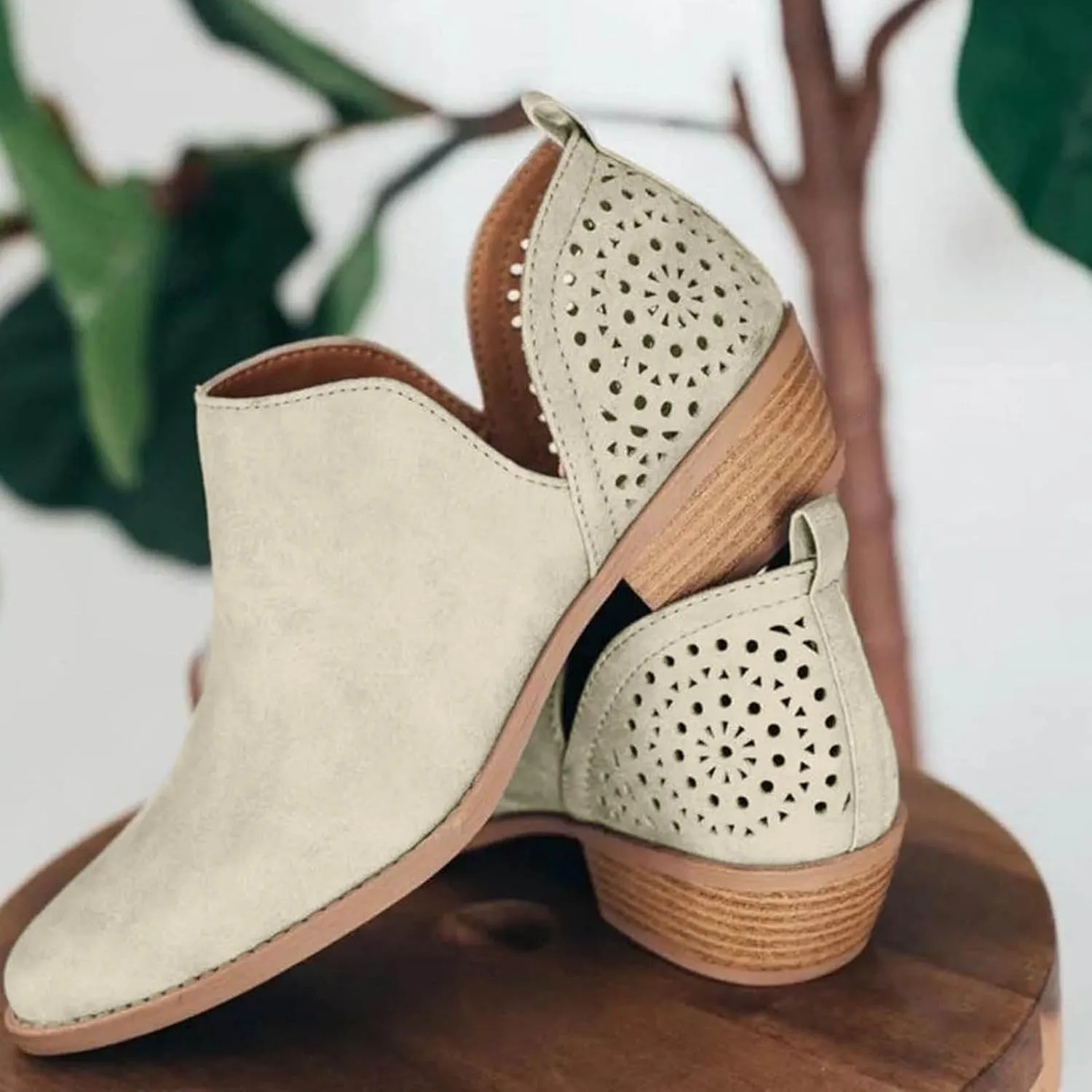 Cathalem Ankle Boots for Wome V Cutout Ankle Boots Pointed Toe Chunky Stacked Heel Booties Western Boots Low Heel Boots
