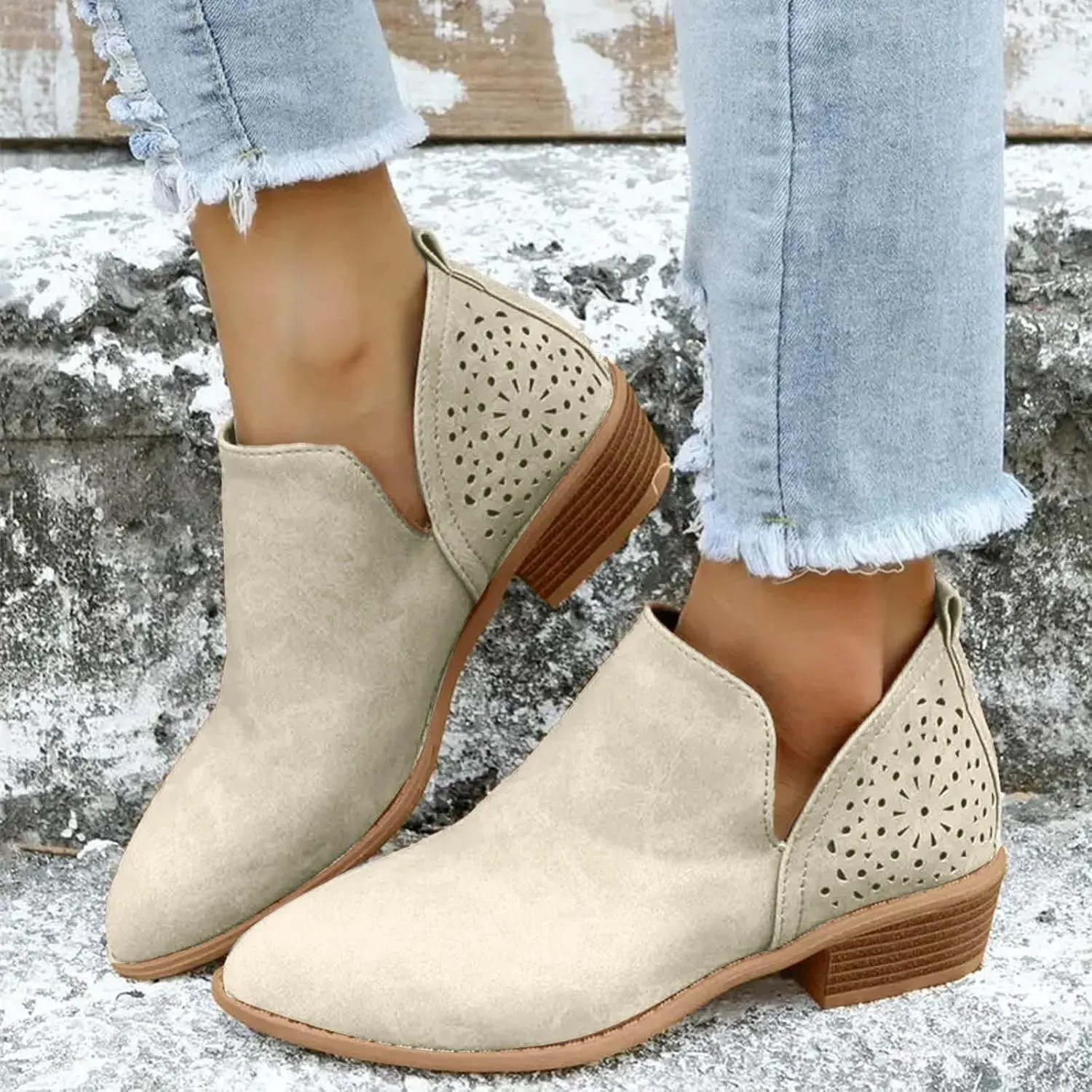 Cathalem Ankle Boots for Wome V Cutout Ankle Boots Pointed Toe Chunky Stacked Heel Booties Western Boots Low Heel Boots