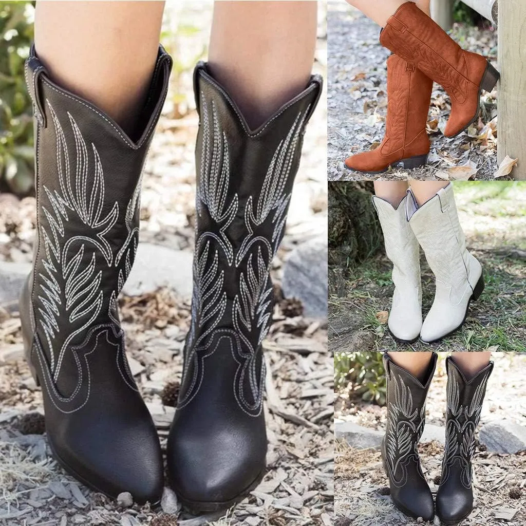 Cathalem Cowboy Boots for Women Wide Calf Knee High Western Cowgirl Boots Pointed Toe Chunky Heel Retro Boots