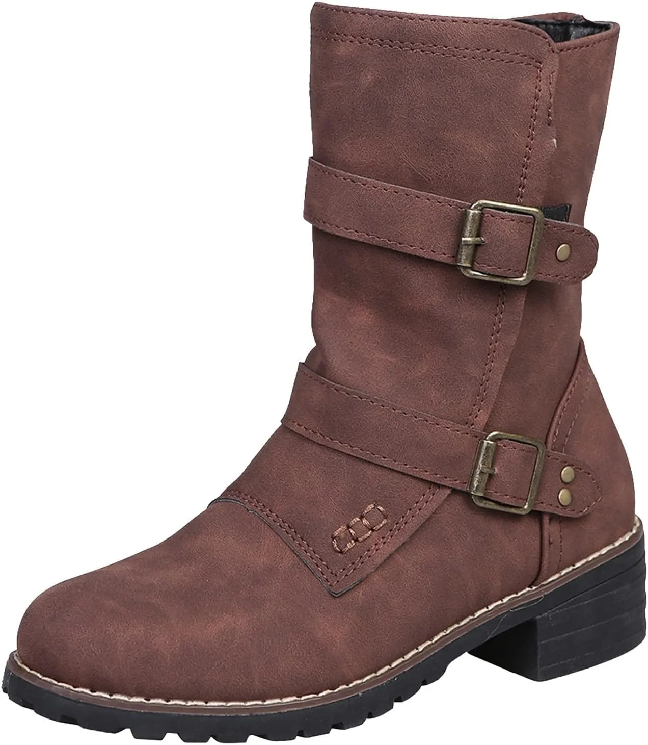 Cathalem Womens Combat Boots Chunky Heels Motorcycle Boots Buckles Biker Boots Ladies Low Heel Mid Calf Riding Booties