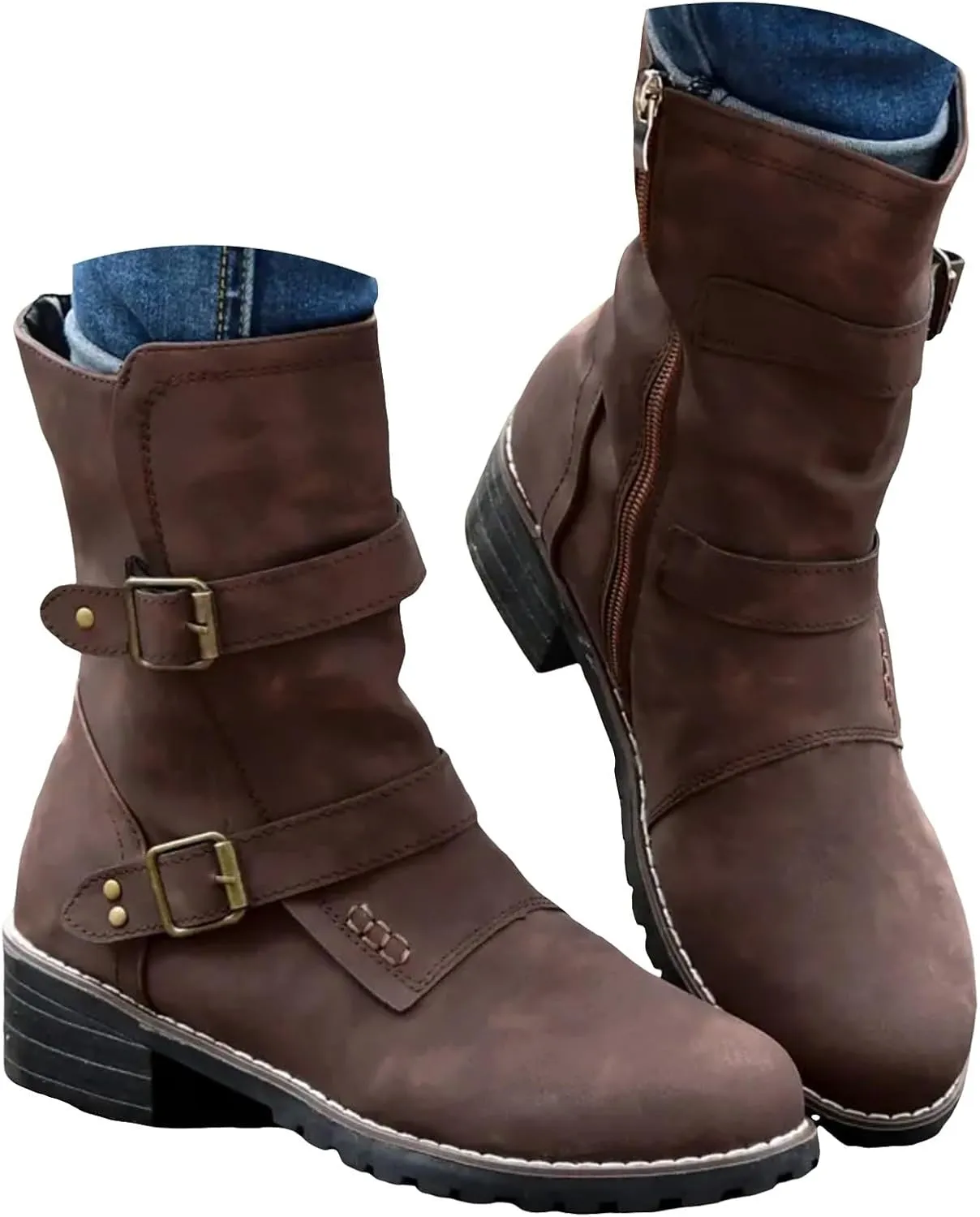 Cathalem Womens Combat Boots Chunky Heels Motorcycle Boots Buckles Biker Boots Ladies Low Heel Mid Calf Riding Booties