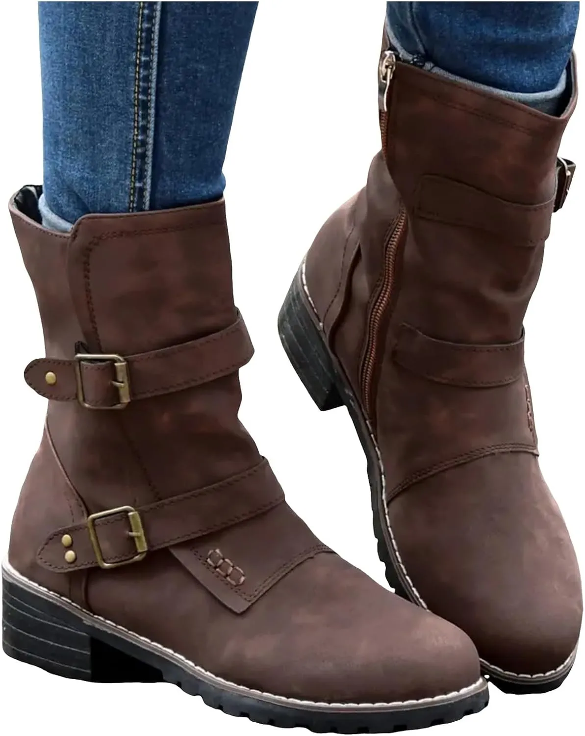Cathalem Womens Combat Boots Chunky Heels Motorcycle Boots Buckles Biker Boots Ladies Low Heel Mid Calf Riding Booties