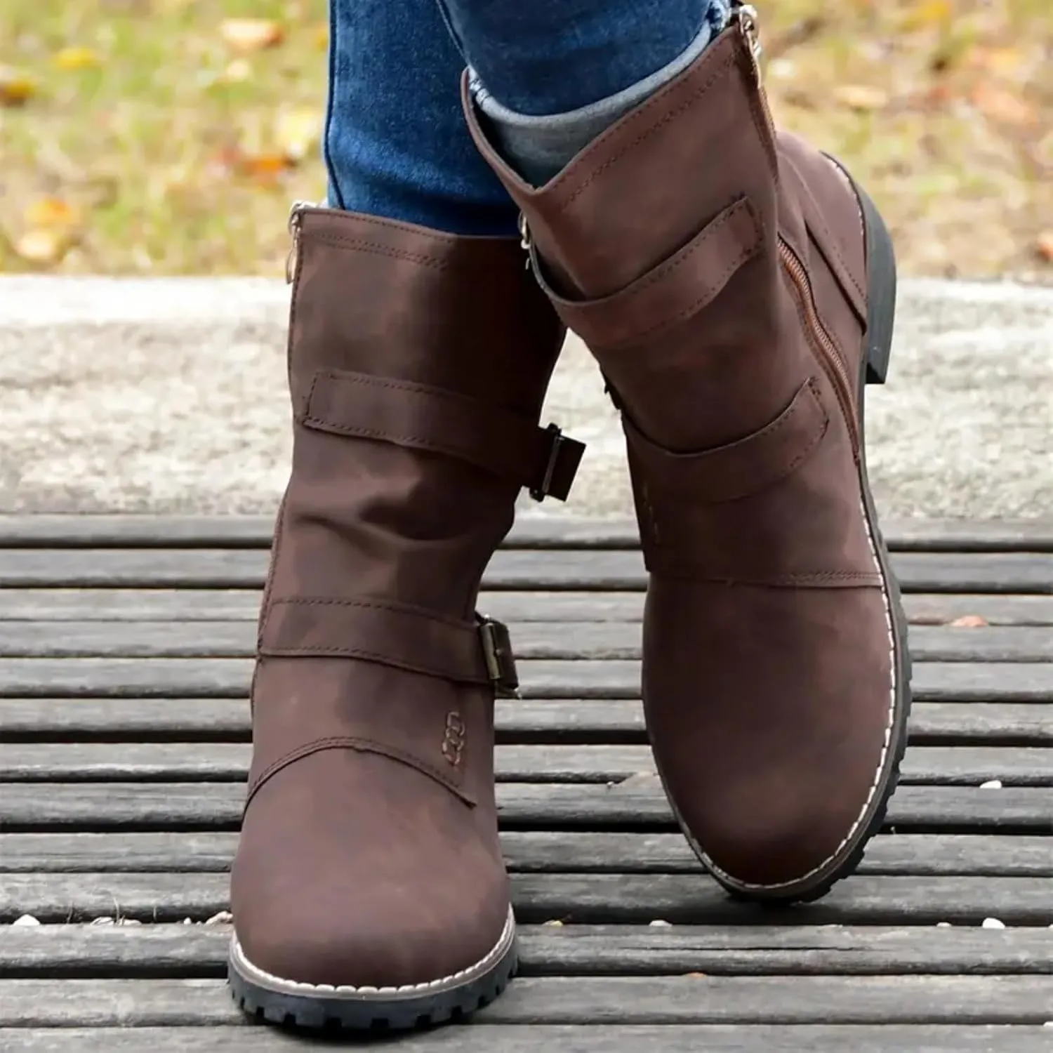 Cathalem Womens Combat Boots Chunky Heels Motorcycle Boots Buckles Biker Boots Ladies Low Heel Mid Calf Riding Booties