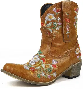 Cowboy Boots for Women Western Cowgirl Boots Fashion Stitched Flower Embroidered Chunky Heels Pointed Toe Pull on