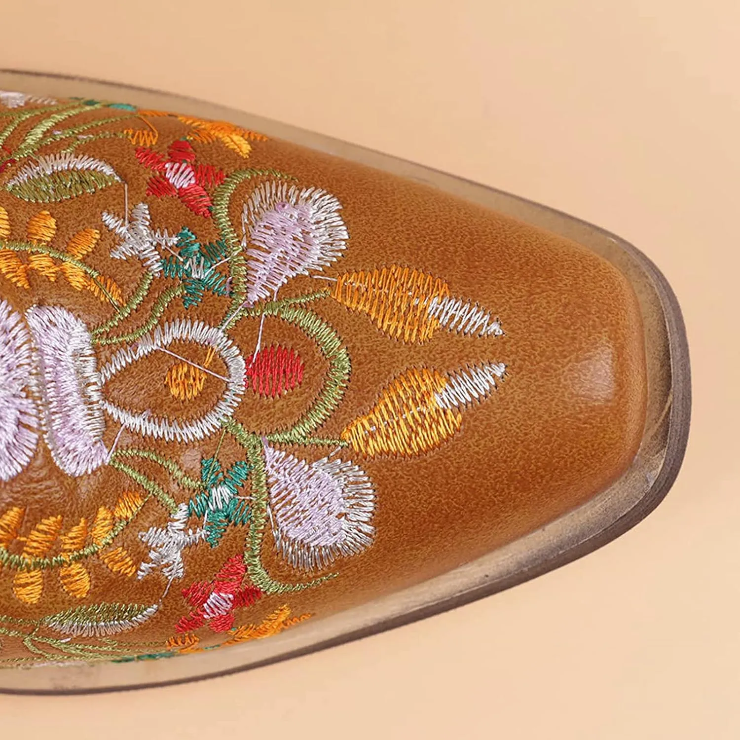 Cowboy Boots for Women Western Cowgirl Boots Fashion Stitched Flower Embroidered Chunky Heels Pointed Toe Pull on