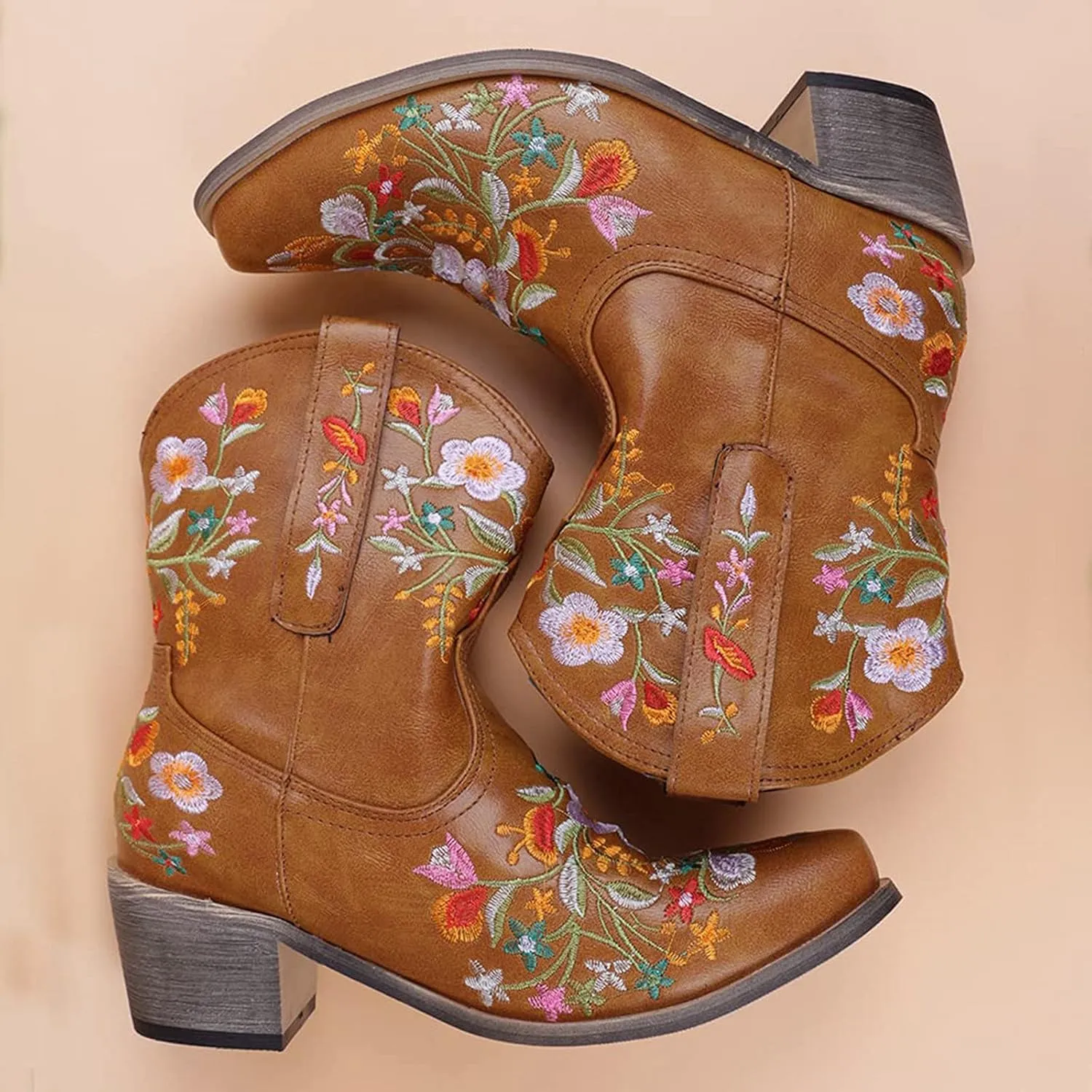 Cowboy Boots for Women Western Cowgirl Boots Fashion Stitched Flower Embroidered Chunky Heels Pointed Toe Pull on