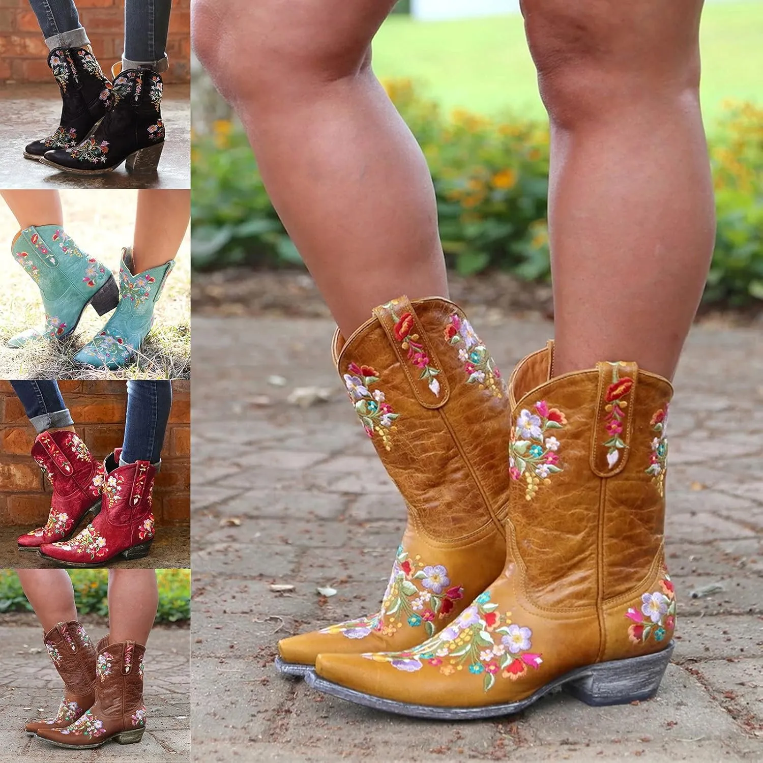 Cowboy Boots for Women Western Cowgirl Boots Fashion Stitched Flower Embroidered Chunky Heels Pointed Toe Pull on