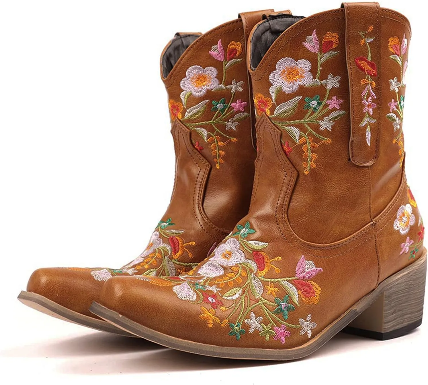 Cowboy Boots for Women Western Cowgirl Boots Fashion Stitched Flower Embroidered Chunky Heels Pointed Toe Pull on