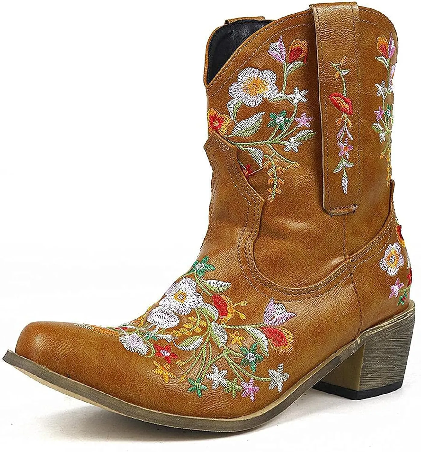 Cowboy Boots for Women Western Cowgirl Boots Fashion Stitched Flower Embroidered Chunky Heels Pointed Toe Pull on