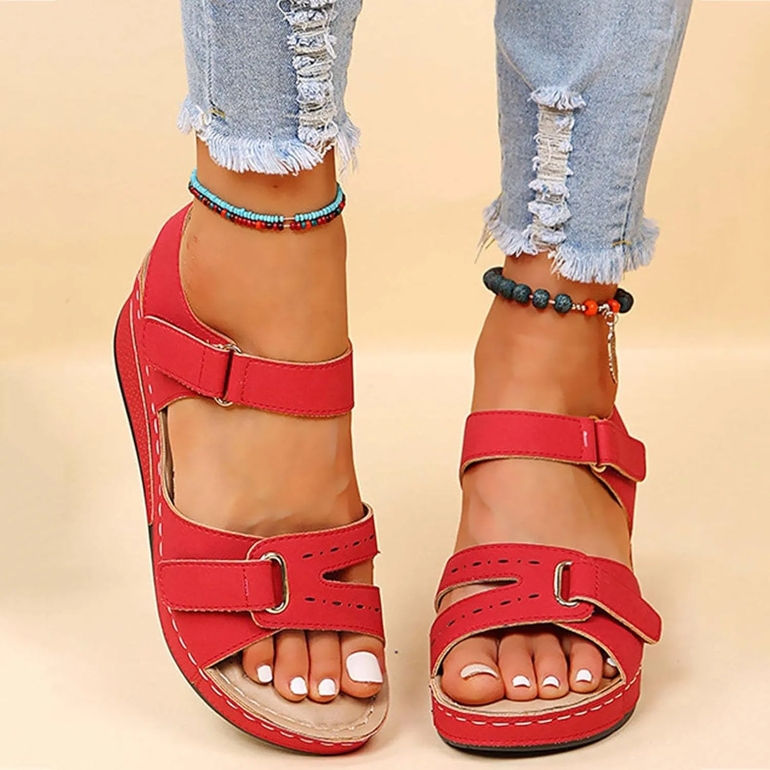 Elegant Thick Bottom Sandals for Women Womens's Ankle Strap Low Wedge Sandal Orthopedic Sandals with Arch Support