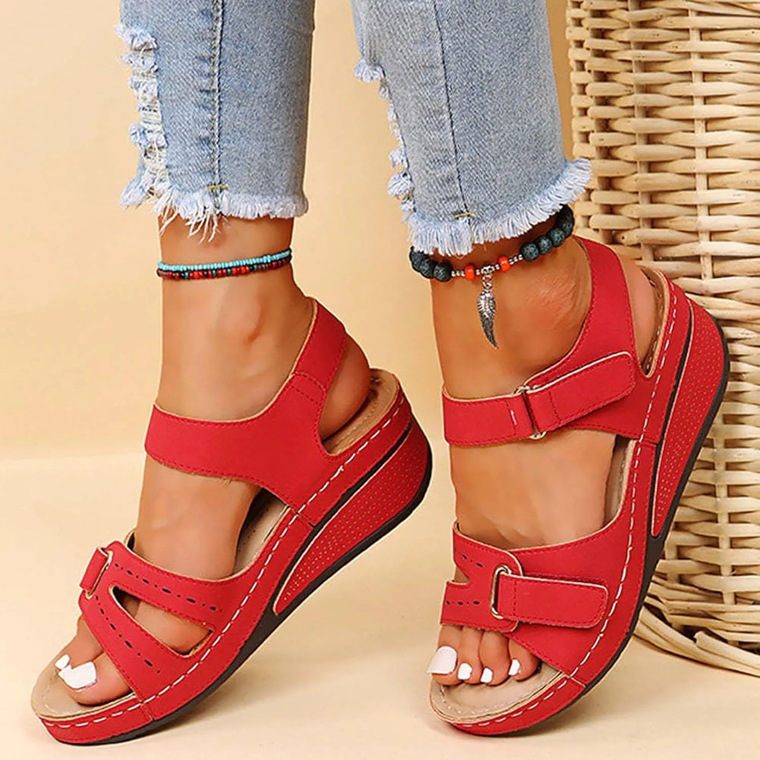 Elegant Thick Bottom Sandals for Women Womens's Ankle Strap Low Wedge Sandal Orthopedic Sandals with Arch Support