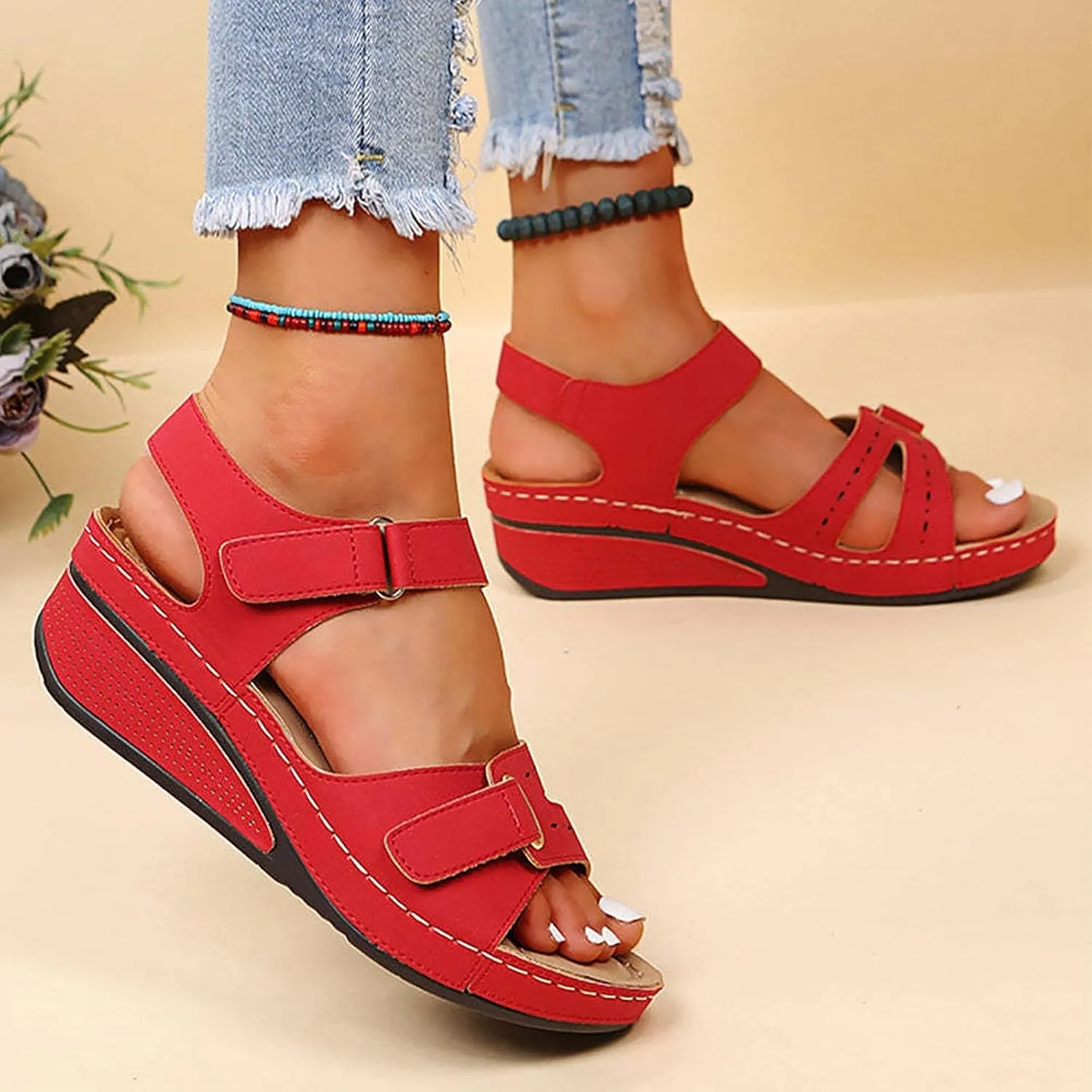 Elegant Thick Bottom Sandals for Women Womens's Ankle Strap Low Wedge Sandal Orthopedic Sandals with Arch Support
