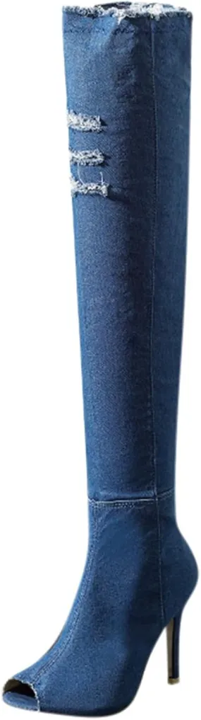 Fall Boots Womens Over The Knee Boots Stretch Thigh High Stiletto Denim Fish Mouth Boot Fashion Side Zip Boots
