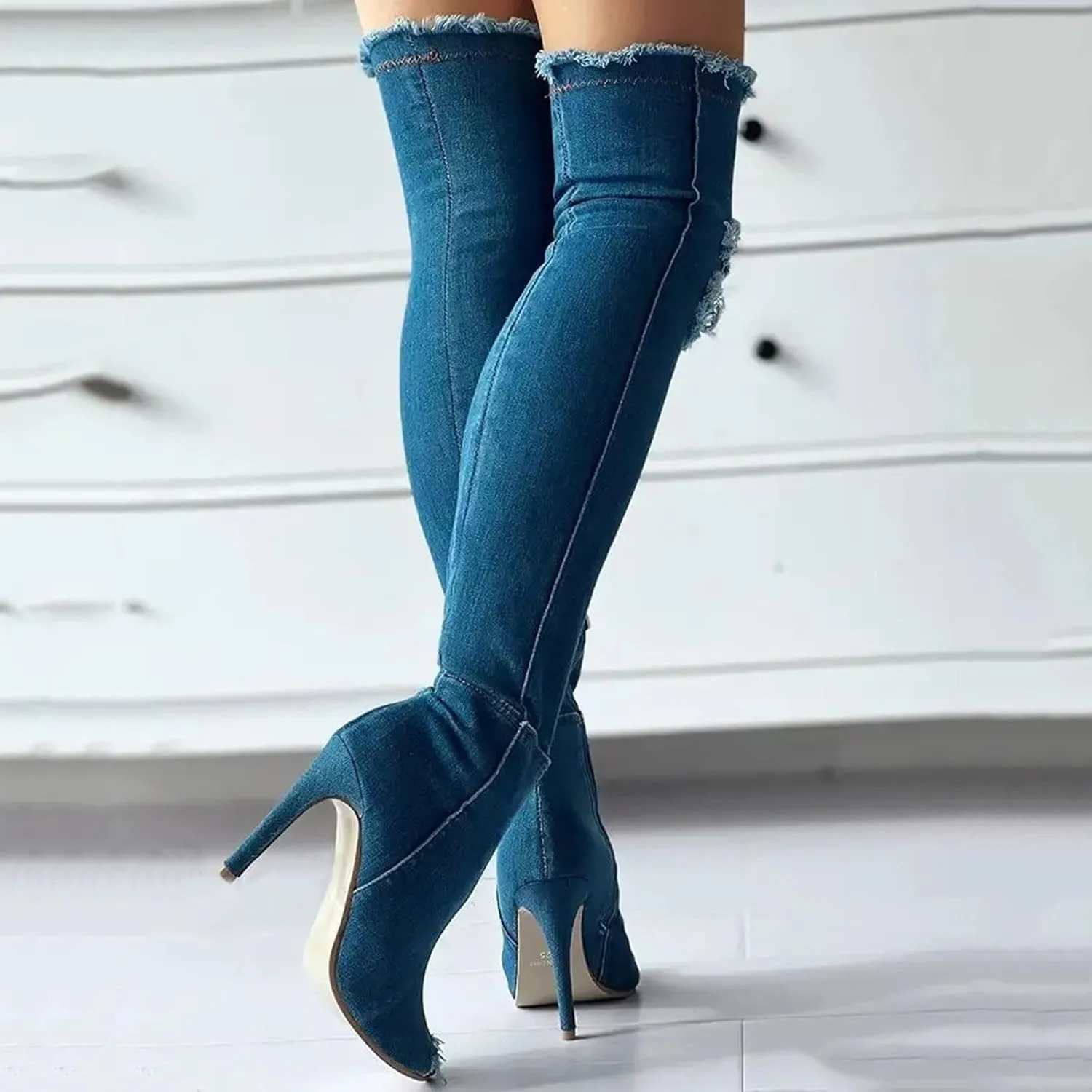 Fall Boots Womens Over The Knee Boots Stretch Thigh High Stiletto Denim Fish Mouth Boot Fashion Side Zip Boots