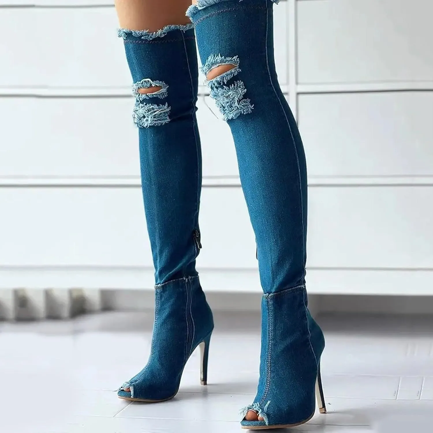 Fall Boots Womens Over The Knee Boots Stretch Thigh High Stiletto Denim Fish Mouth Boot Fashion Side Zip Boots