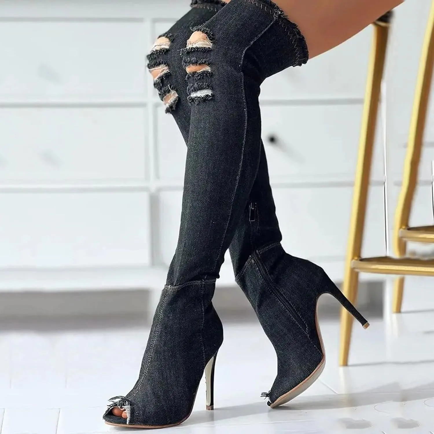 Fall Boots Womens Over The Knee Boots Stretch Thigh High Stiletto Denim Fish Mouth Boot Fashion Side Zip Boots
