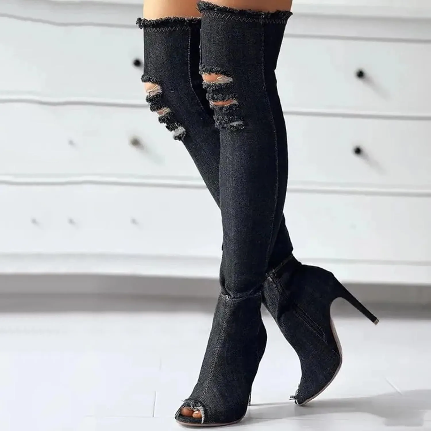 Fall Boots Womens Over The Knee Boots Stretch Thigh High Stiletto Denim Fish Mouth Boot Fashion Side Zip Boots