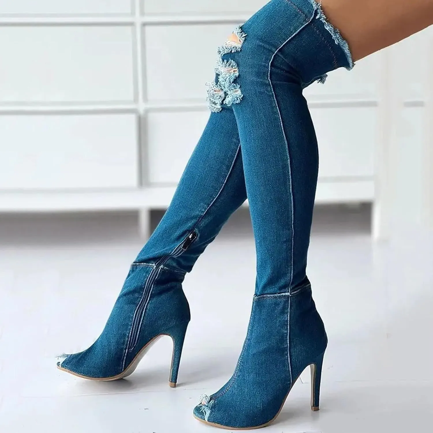 Fall Boots Womens Over The Knee Boots Stretch Thigh High Stiletto Denim Fish Mouth Boot Fashion Side Zip Boots