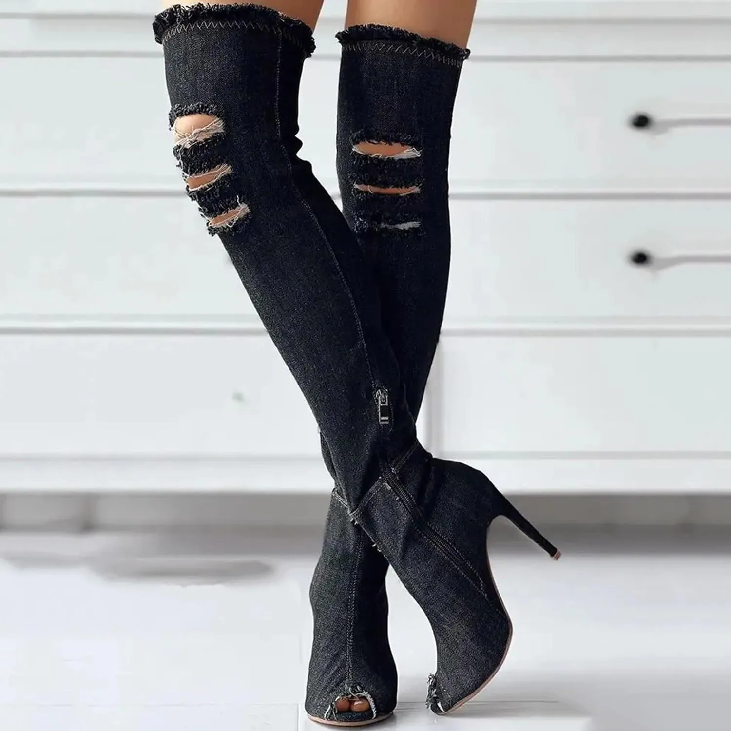 Fall Boots Womens Over The Knee Boots Stretch Thigh High Stiletto Denim Fish Mouth Boot Fashion Side Zip Boots