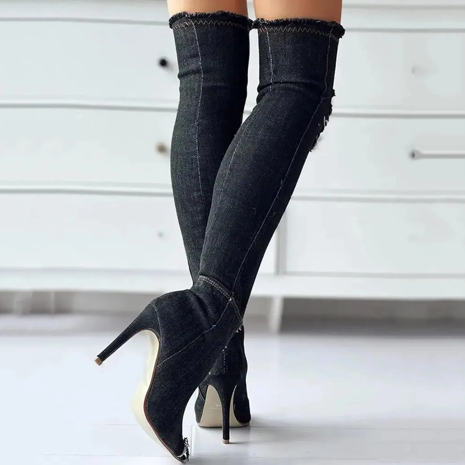 Fall Boots Womens Over The Knee Boots Stretch Thigh High Stiletto Denim Fish Mouth Boot Fashion Side Zip Boots