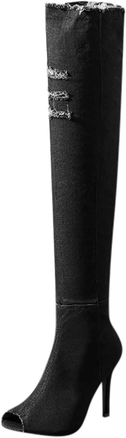 Fall Boots Womens Over The Knee Boots Stretch Thigh High Stiletto Denim Fish Mouth Boot Fashion Side Zip Boots