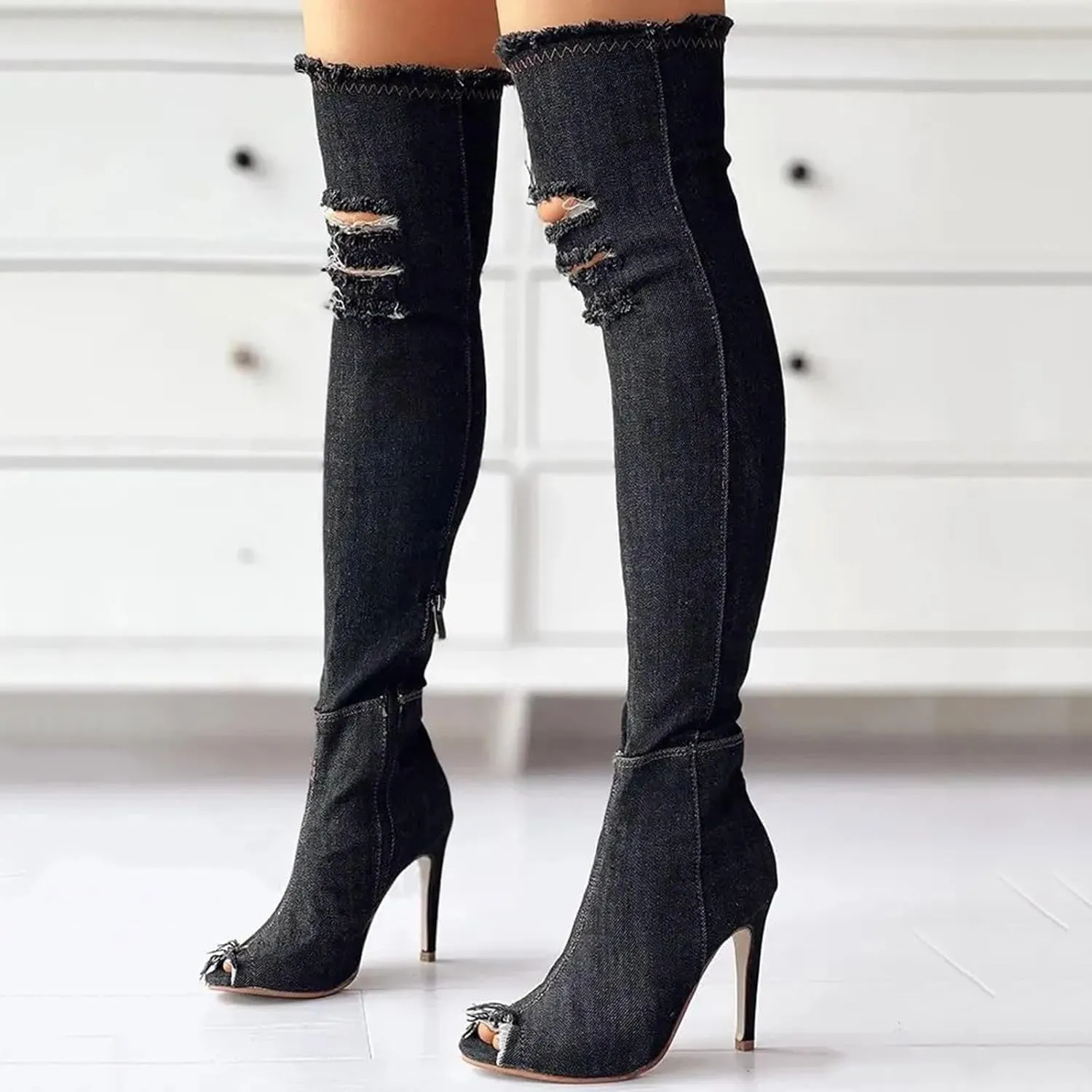 Fall Boots Womens Over The Knee Boots Stretch Thigh High Stiletto Denim Fish Mouth Boot Fashion Side Zip Boots