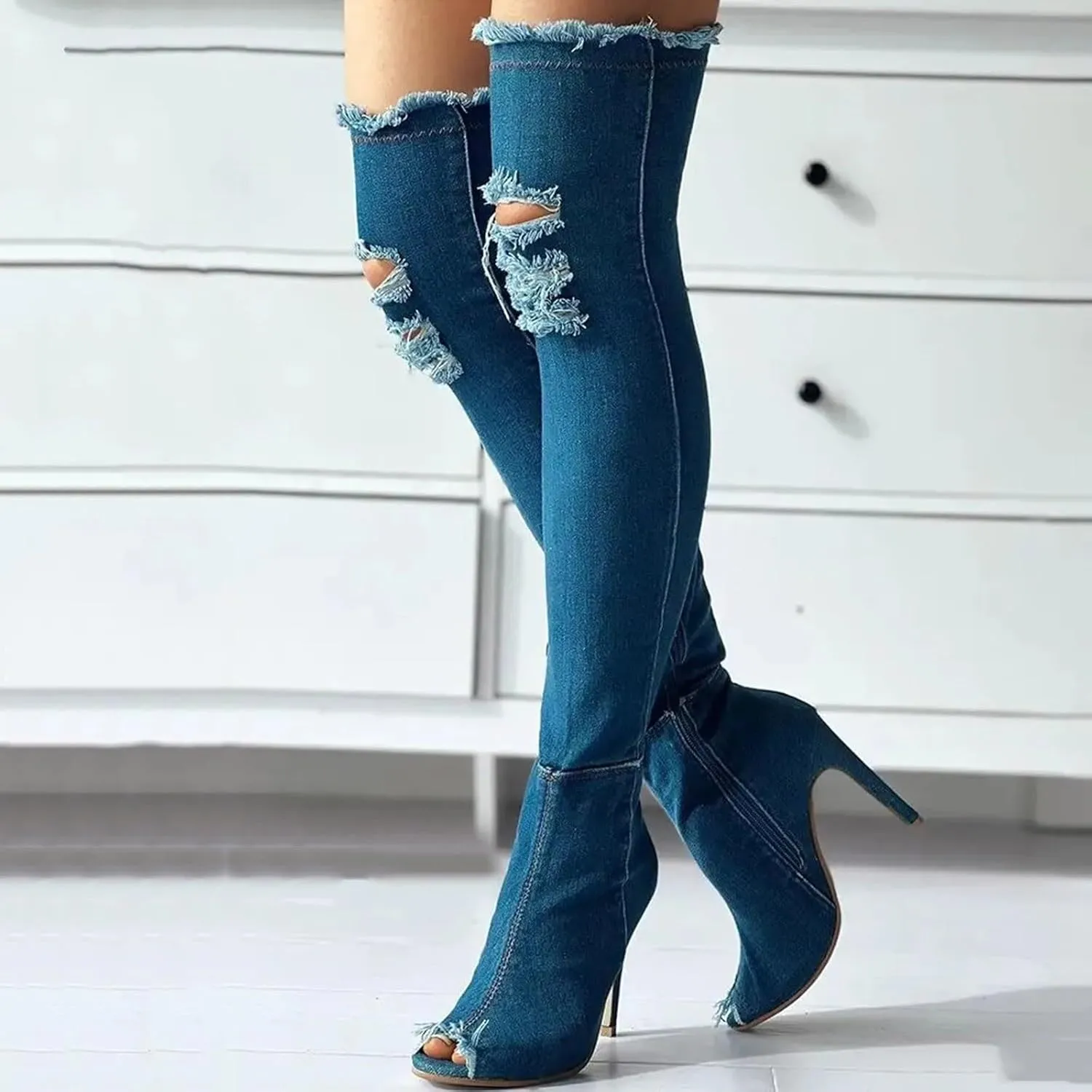 Fall Boots Womens Over The Knee Boots Stretch Thigh High Stiletto Denim Fish Mouth Boot Fashion Side Zip Boots