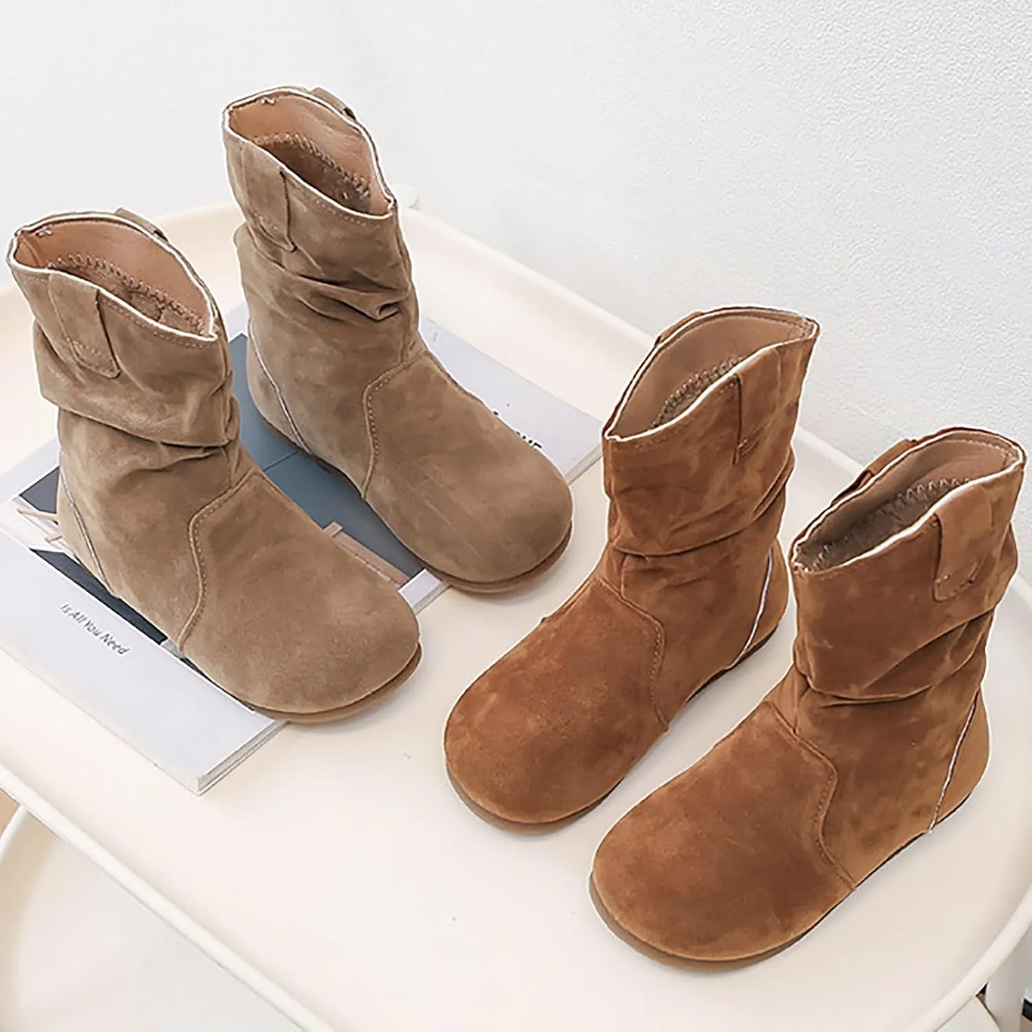 Girls Boots Kids Boys Winter Snow Suede Mid Calf Boots Faux Fur Lined Pull On Slouchy Snow Boots