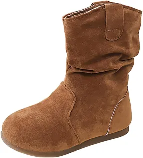 Girls Boots Kids Boys Winter Snow Suede Mid Calf Boots Faux Fur Lined Pull On Slouchy Snow Boots