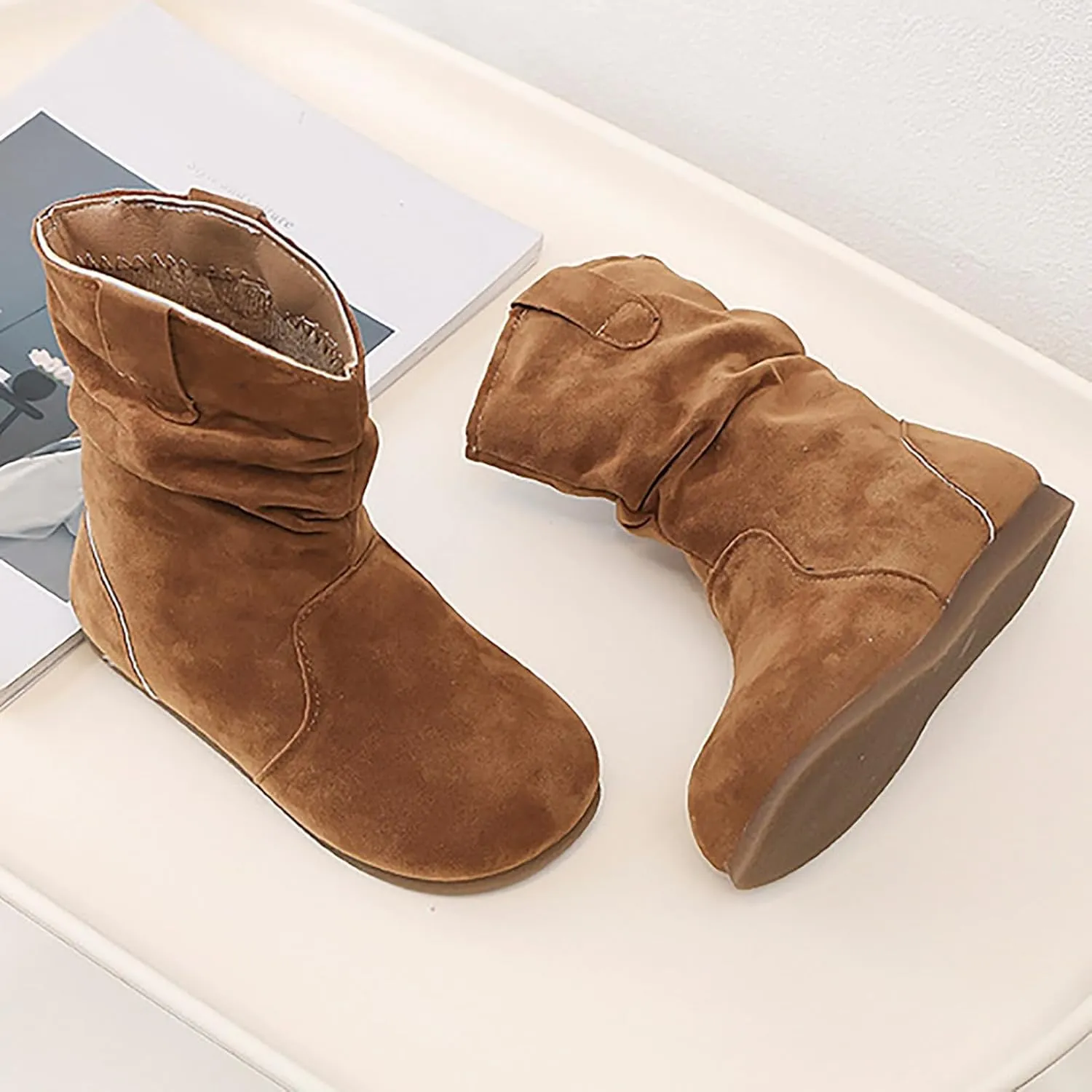 Girls Boots Kids Boys Winter Snow Suede Mid Calf Boots Faux Fur Lined Pull On Slouchy Snow Boots
