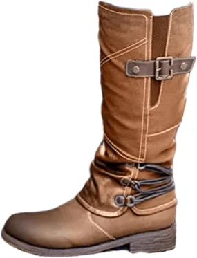 Ladmiple Boots For Women Ankle Booties Low Heel Combat Boots Side Zipper Mid Calf Motorcycle Riding Military Biker Boots
