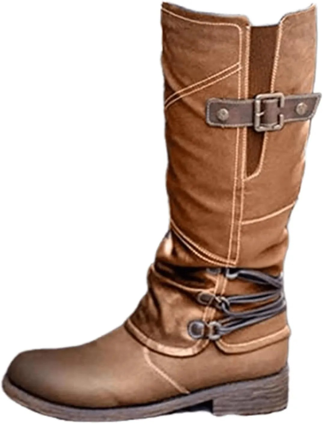 Ladmiple Boots For Women Ankle Booties Low Heel Combat Boots Side Zipper Mid Calf Motorcycle Riding Military Biker Boots