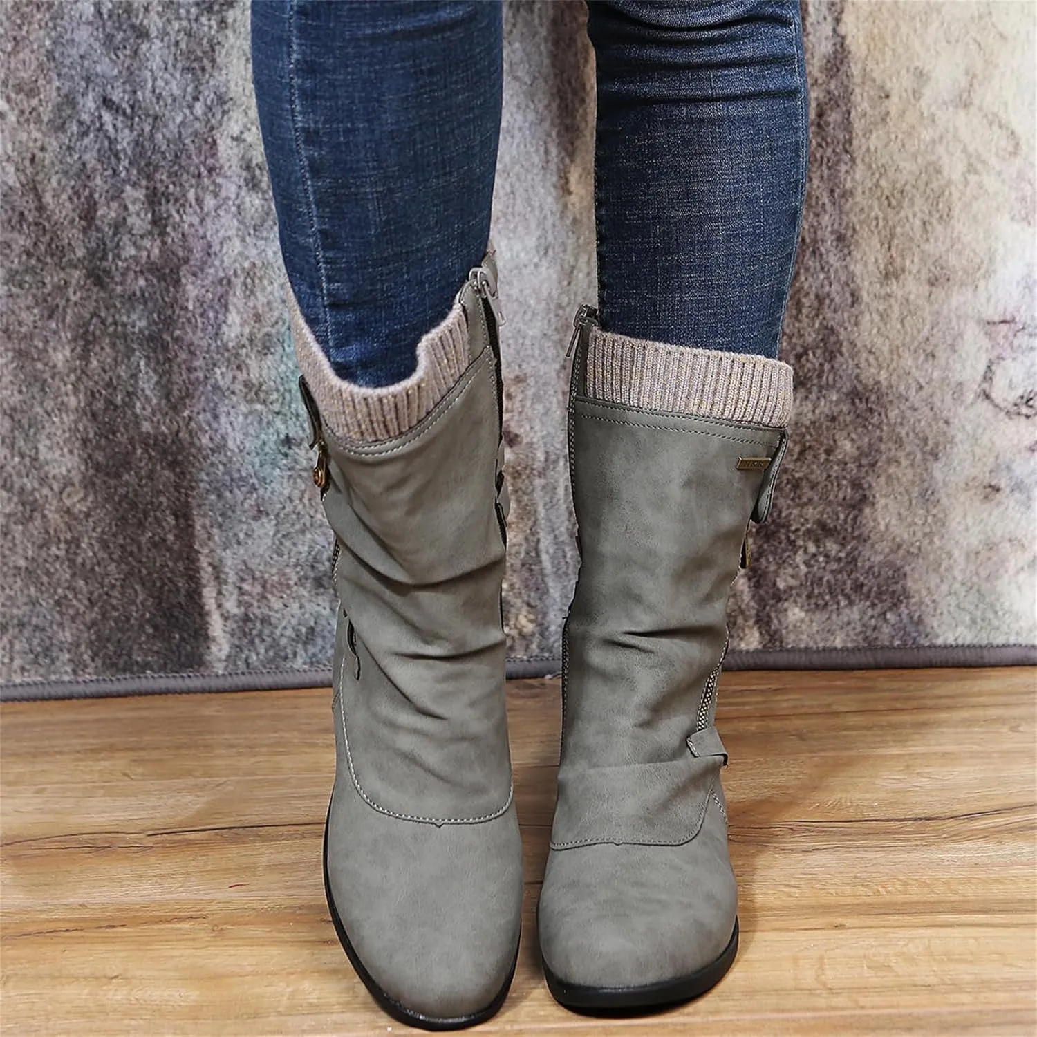 Ladmiple Boots For Women Ankle Booties Low Heel Cowboy Boots Mid Calf Cowgirl Dress Shoes Zipper Fashion Riding Biker Boots