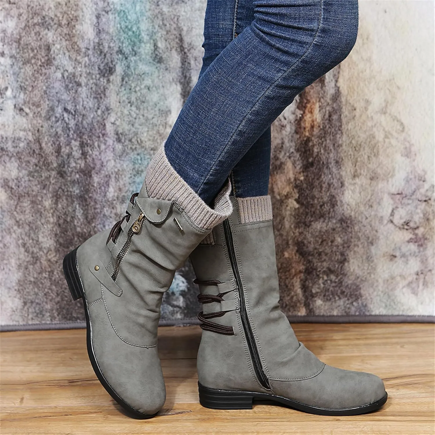 Ladmiple Boots For Women Ankle Booties Low Heel Cowboy Boots Mid Calf Cowgirl Dress Shoes Zipper Fashion Riding Biker Boots