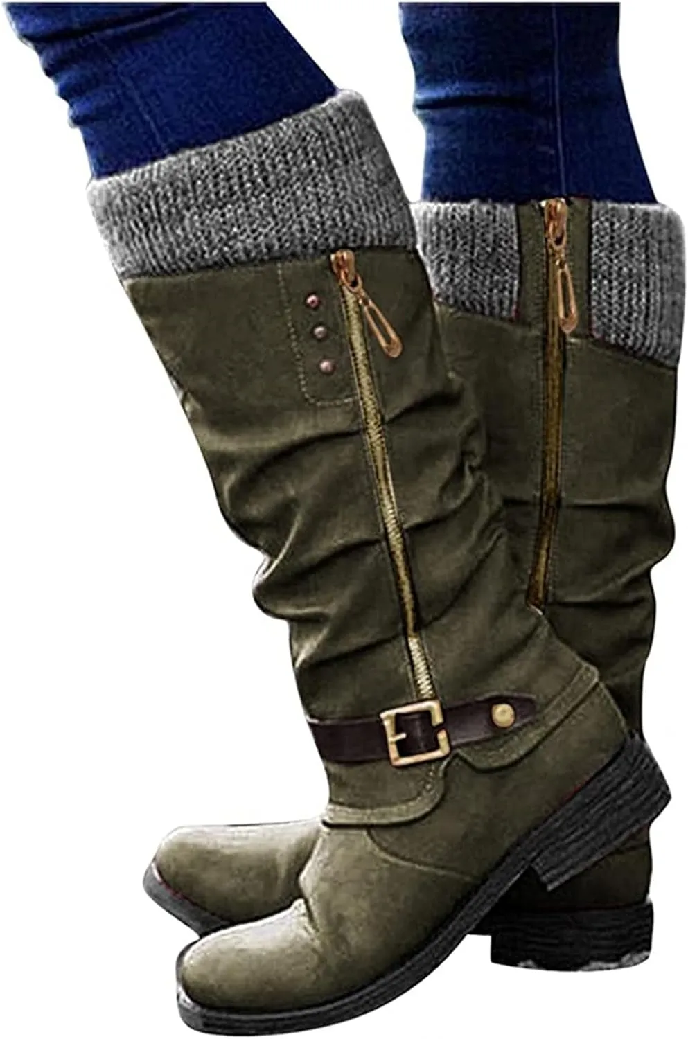 Ladmiple Cowboy Boots For Women Wide Calf Knee High Pull On Cowgirl Boots with Side Zipper Chunky Heel Western Boots