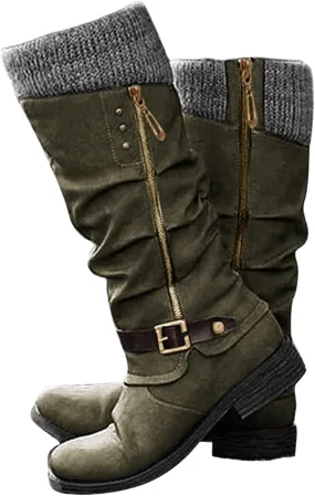 Ladmiple Cowboy Boots For Women Wide Calf Knee High Pull On Cowgirl Boots with Side Zipper Chunky Heel Western Boots