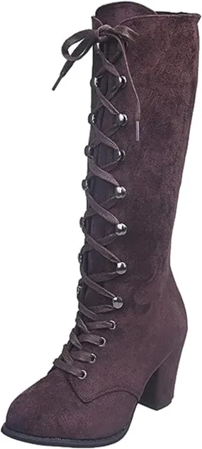 Ladmiple Fall Boots Women Knee High Wide Calf Chunky Stacked Low Block Heels Lace Up Classic Vintage Sexy Dress Shoes